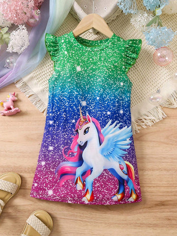 Young Girl Unicorn Printed Flutter Sleeve Dress