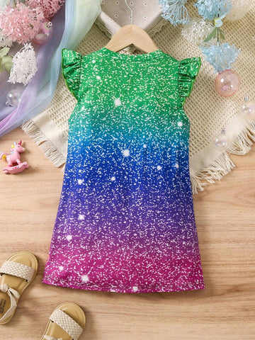 Young Girl Unicorn Printed Flutter Sleeve Dress