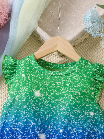 Young Girl Unicorn Printed Flutter Sleeve Dress