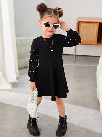 Young Girl Urban Fashion Party & Solid Color Knit Crew Neck Long Sleeve Faux Pearl Embellished Dress