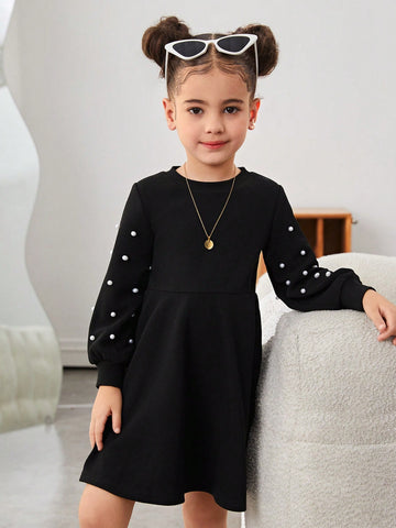 Young Girl Urban Fashion Party & Solid Color Knit Crew Neck Long Sleeve Faux Pearl Embellished Dress