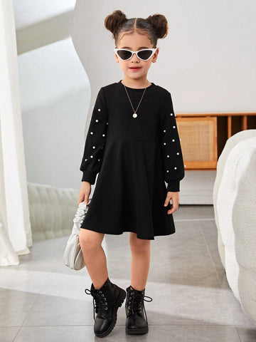 Young Girl Urban Fashion Party & Solid Color Knit Crew Neck Long Sleeve Faux Pearl Embellished Dress