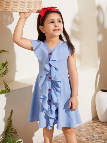 Young Girl V-Neck Ruffle Trim Dress