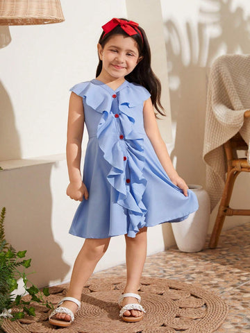 Young Girl V-Neck Ruffle Trim Dress