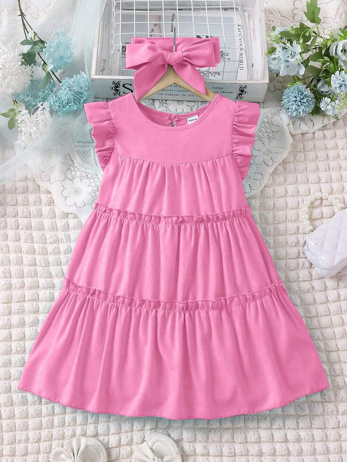 Young Girl Vacation Casual Solid Color Ruffled Sleeve Dress