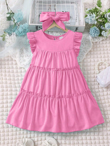 Young Girl Vacation Casual Solid Color Ruffled Sleeve Dress