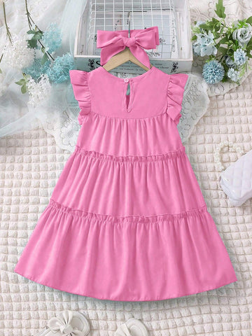Young Girl Vacation Casual Solid Color Ruffled Sleeve Dress