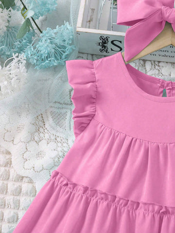 Young Girl Vacation Casual Solid Color Ruffled Sleeve Dress