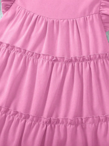 Young Girl Vacation Casual Solid Color Ruffled Sleeve Dress