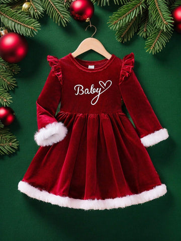 Young Girl Velvet Red Clear Color Letter Pattern Round Neck Splicing White Top Strip Dress