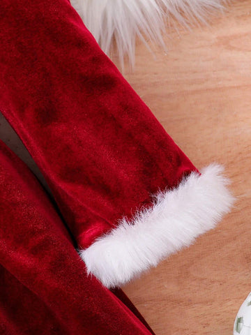 Young Girl Velvet Red Clear Color Letter Pattern Round Neck Splicing White Top Strip Dress