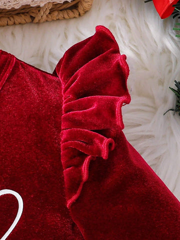 Young Girl Velvet Red Clear Color Letter Pattern Round Neck Splicing White Top Strip Dress