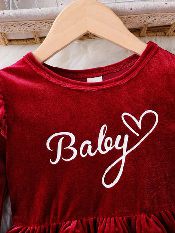 Young Girl Velvet Red Clear Color Letter Pattern Round Neck Splicing White Top Strip Dress