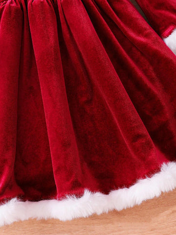 Young Girl Velvet Red Clear Color Letter Pattern Round Neck Splicing White Top Strip Dress