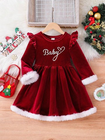 Young Girl Velvet Red Clear Color Letter Pattern Round Neck Splicing White Top Strip Dress