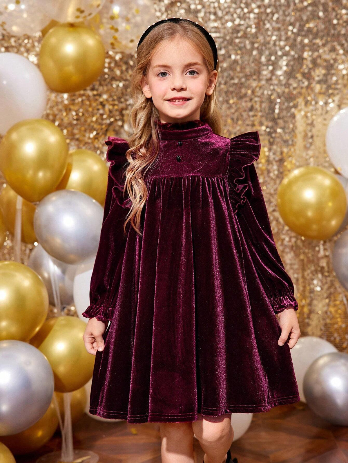 Young Girl Velvet Wine Red Stand-Up Collar Ruffles Fit Elegant Dress,Christmas Dress,Suitable For Autumn And Winter