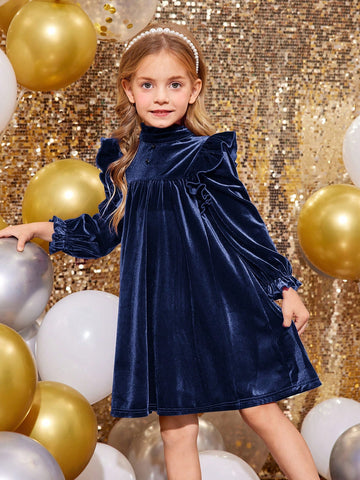 Young Girl Velvet Wine Red Stand-Up Collar Ruffles Fit Elegant Dress,Christmas Dress