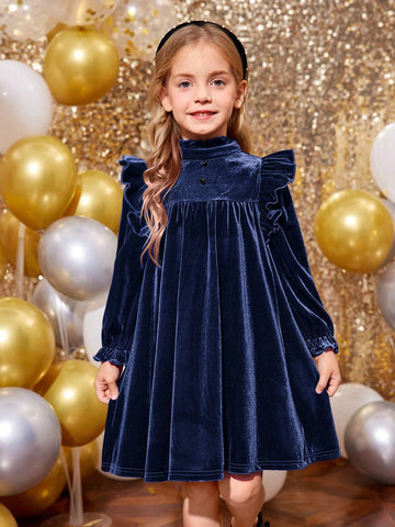 Young Girl Velvet Wine Red Stand-Up Collar Ruffles Fit Elegant Dress,Christmas Dress