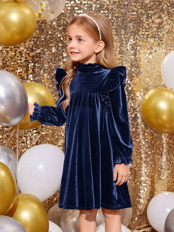 Young Girl Velvet Wine Red Stand-Up Collar Ruffles Fit Elegant Dress,Christmas Dress