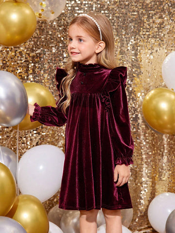 Young Girl Velvet Wine Red Stand-Up Collar Ruffles Fit Elegant Dress,Christmas Dress,Suitable For Autumn And Winter