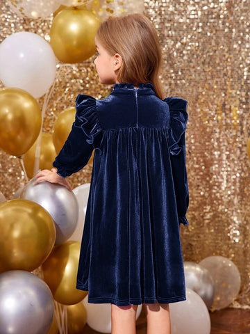 Young Girl Velvet Wine Red Stand-Up Collar Ruffles Fit Elegant Dress,Christmas Dress