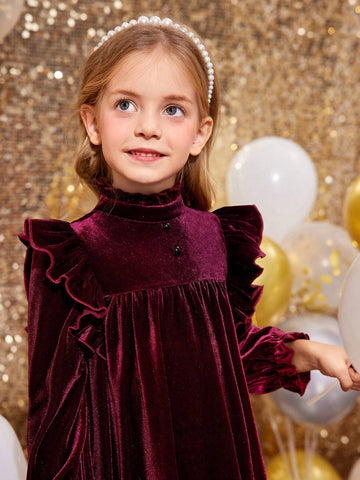 Young Girl Velvet Wine Red Stand-Up Collar Ruffles Fit Elegant Dress,Christmas Dress,Suitable For Autumn And Winter