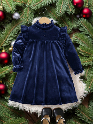 Young Girl Velvet Wine Red Stand-Up Collar Ruffles Fit Elegant Dress,Christmas Dress