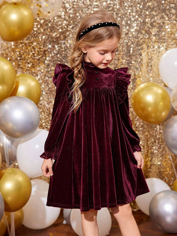 Young Girl Velvet Wine Red Stand-Up Collar Ruffles Fit Elegant Dress,Christmas Dress,Suitable For Autumn And Winter