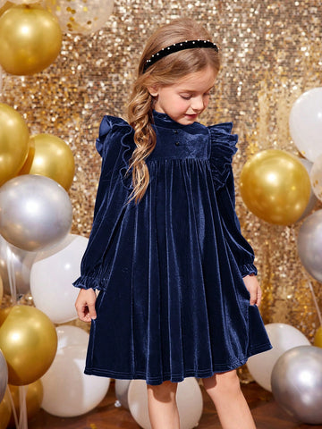 Young Girl Velvet Wine Red Stand-Up Collar Ruffles Fit Elegant Dress,Christmas Dress
