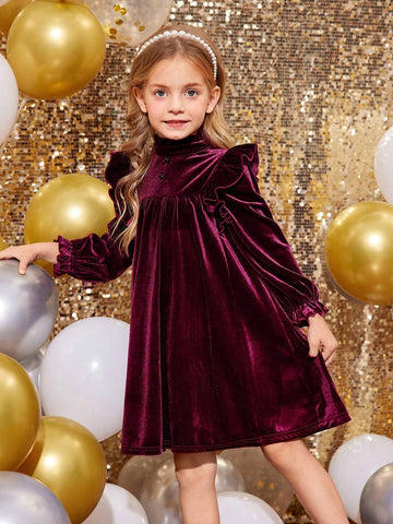 Young Girl Velvet Wine Red Stand-Up Collar Ruffles Fit Elegant Dress,Christmas Dress,Suitable For Autumn And Winter