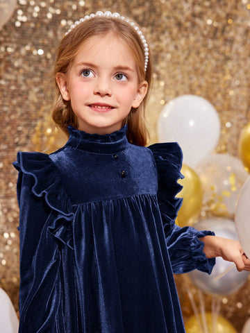 Young Girl Velvet Wine Red Stand-Up Collar Ruffles Fit Elegant Dress,Christmas Dress