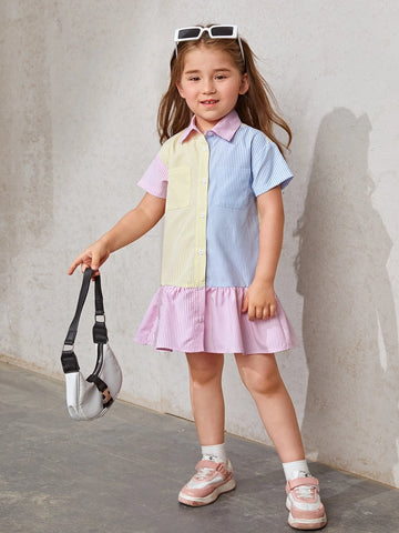 Young Girl Vertical Striped Colorblock Dual Pocket Ruffle Hem Smock Dress