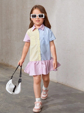 Young Girl Vertical Striped Colorblock Dual Pocket Ruffle Hem Smock Dress