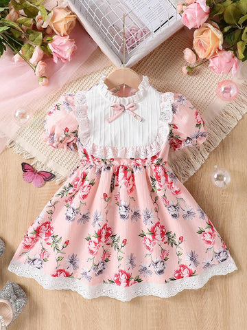 Young Girl Vintage Floral Palace Style Puffy Princess Dress With Puff Sleeves