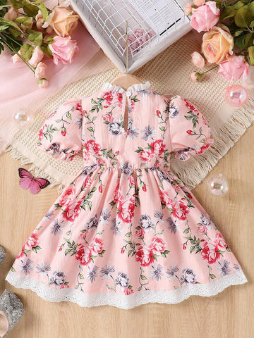 Young Girl Vintage Floral Palace Style Puffy Princess Dress With Puff Sleeves