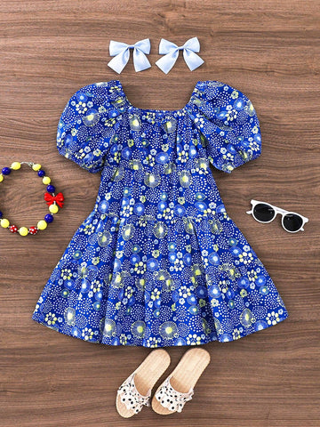 Young Girl Vintage Floral Pattern Off-Shoulder Puff Sleeve Summer Dress