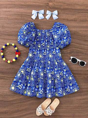 Young Girl Vintage Floral Pattern Off-Shoulder Puff Sleeve Summer Dress