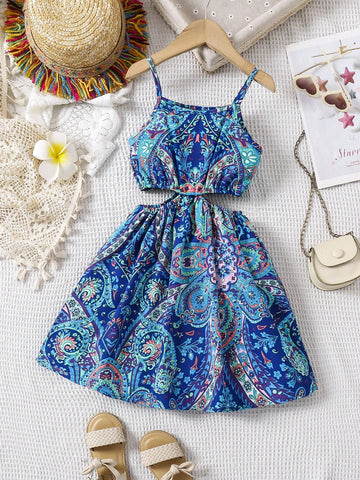 Young Girl Vintage Floral Print Hollow-Out Strap Dress