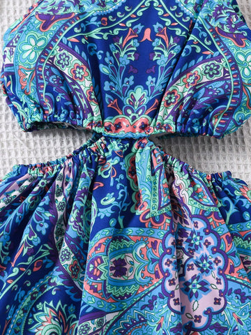 Young Girl Vintage Floral Print Hollow-Out Strap Dress