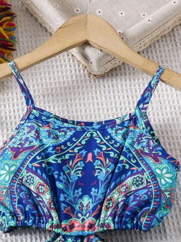 Young Girl Vintage Floral Print Hollow-Out Strap Dress