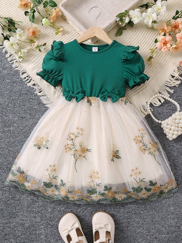 Young Girl Vintage Romantic Mesh Flower Embroidery Patchwork Party Dress For Gathering