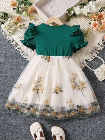 Young Girl Vintage Romantic Mesh Flower Embroidery Patchwork Party Dress For Gathering