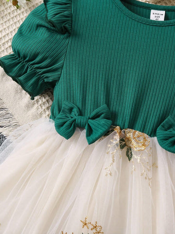 Young Girl Vintage Romantic Mesh Flower Embroidery Patchwork Party Dress For Gathering