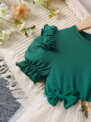 Young Girl Vintage Romantic Mesh Flower Embroidery Patchwork Party Dress For Gathering