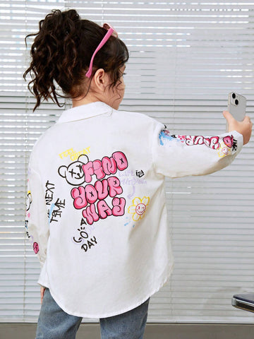 Young Girl Vintage Simple Street Style Loose Long Sleeve Shirt, Asymmetrical Graffiti Pattern Shirt With Asymmetric Hem