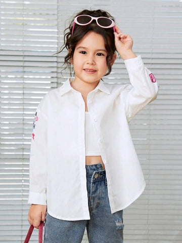 Young Girl Vintage Simple Street Style Loose Long Sleeve Shirt, Asymmetrical Graffiti Pattern Shirt With Asymmetric Hem