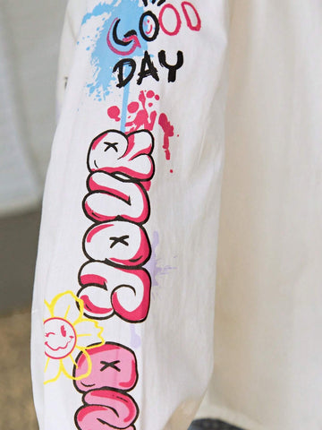 Young Girl Vintage Simple Street Style Loose Long Sleeve Shirt, Asymmetrical Graffiti Pattern Shirt With Asymmetric Hem