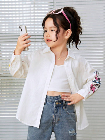 Young Girl Vintage Simple Street Style Loose Long Sleeve Shirt, Asymmetrical Graffiti Pattern Shirt With Asymmetric Hem