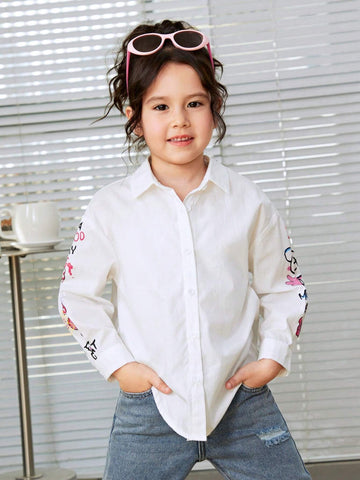 Young Girl Vintage Simple Street Style Loose Long Sleeve Shirt, Asymmetrical Graffiti Pattern Shirt With Asymmetric Hem