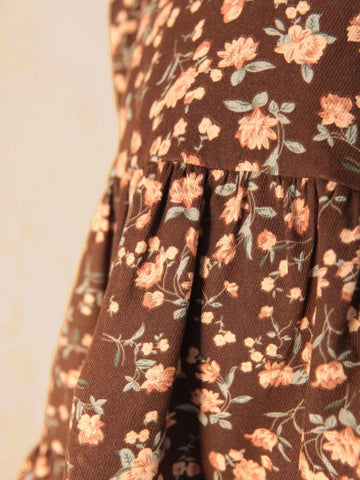 Young Girl Vintage Weaving Small Round Collar Dress With Floral Print And Ruffle Trim